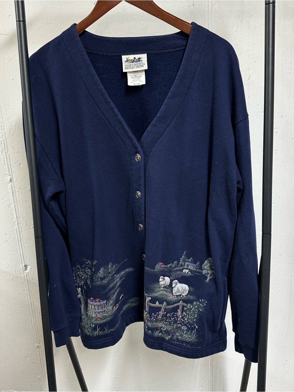 Northern Reflections Navy V-Neck Button Cardigan with Pastoral Sheep Scene